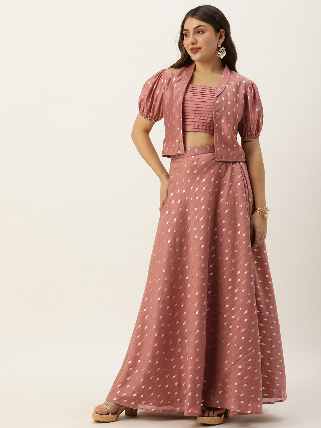 Bollywood Vogue Ready To Wear Peach Foil Printed Crop Top N Skirt With Jacket - Front View