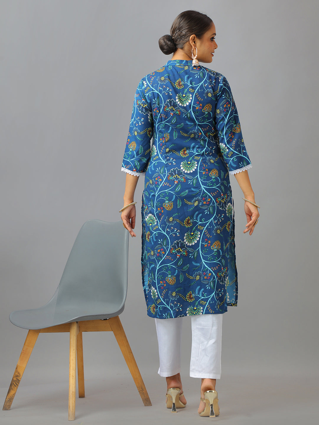 Bollywood Vogue Ready To Wear Blue Art Silk Cotton Kurta Straight Pant Suit - Look Shot