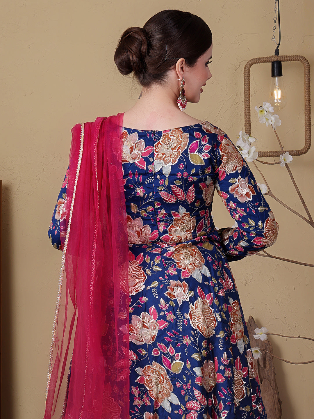 Bollywood Vogue Ready To Wear Blue Viscose Printed N Pink Chinon Anarkali Suit - Additional View 1