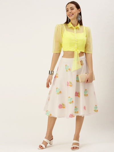 Bollywood Vogue Ready To Wear Floral Organza Skirt Blouse With Jacket Set - Front View