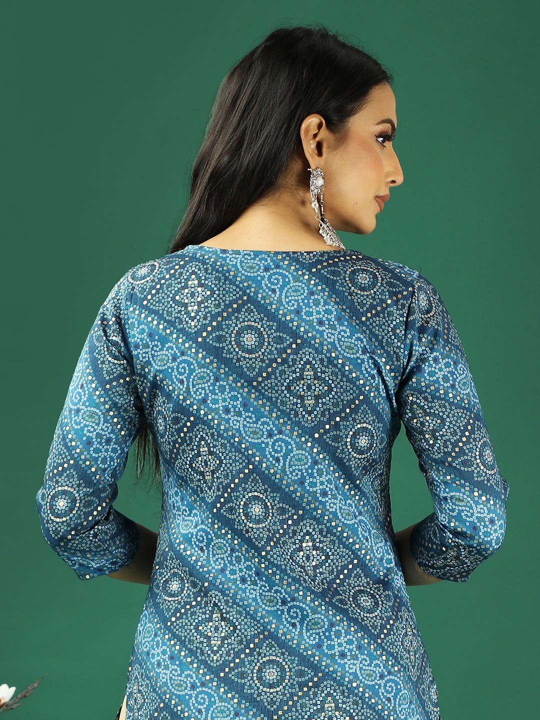 Bollywood Vogue Ready To Wear Blue Foil Print Art Silk Kurta Set - Look Shot