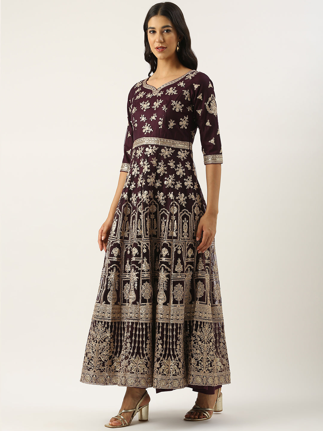 Bollywood Vogue Ready To Wear Classic Purple Net Embroidered Anarkali Suit - Side View