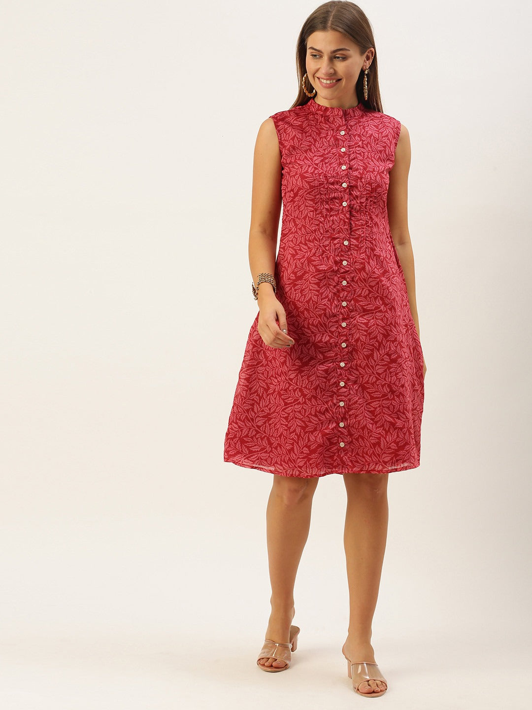 Bollywood Vogue Ready To Wear Pink Printed Cotton Collar Neck Dress - Front View