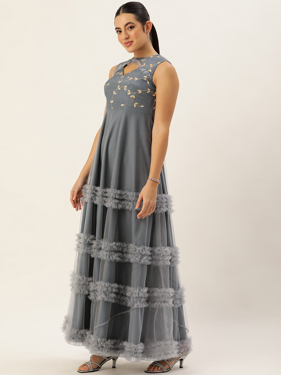 Bollywood Vogue Ready To Wear Grey Embroidered Chinon N Net Gown - Back View