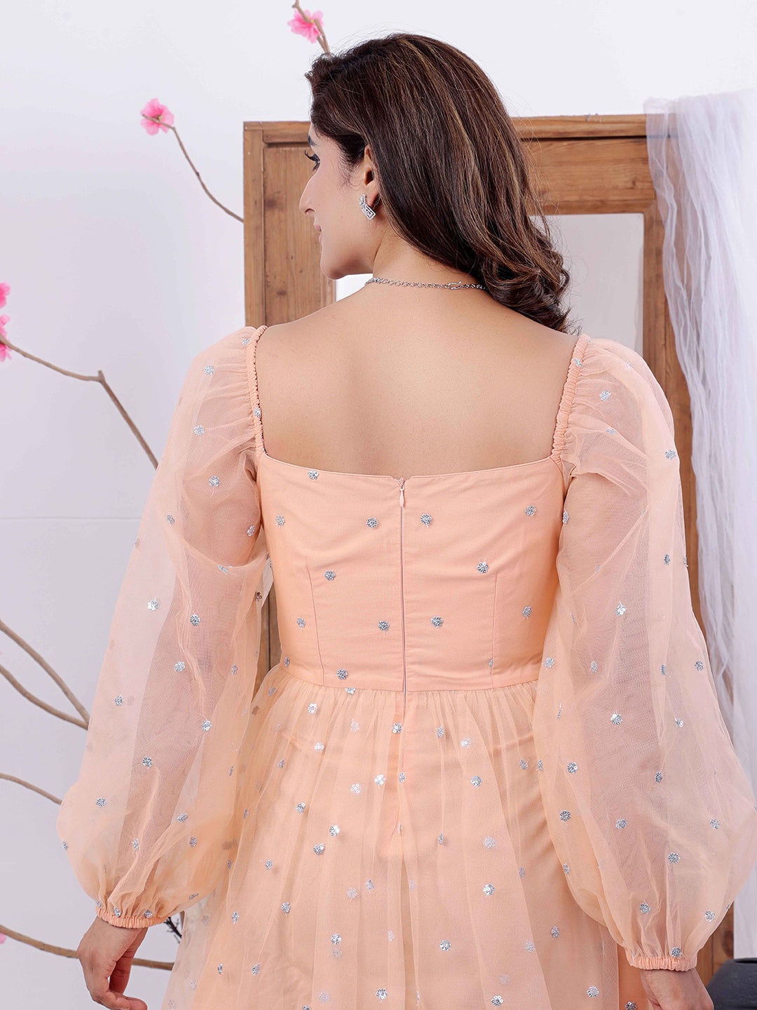 Bollywood Vogue Ready To Wear Peach Embroidered Net Dress - Additional View 1