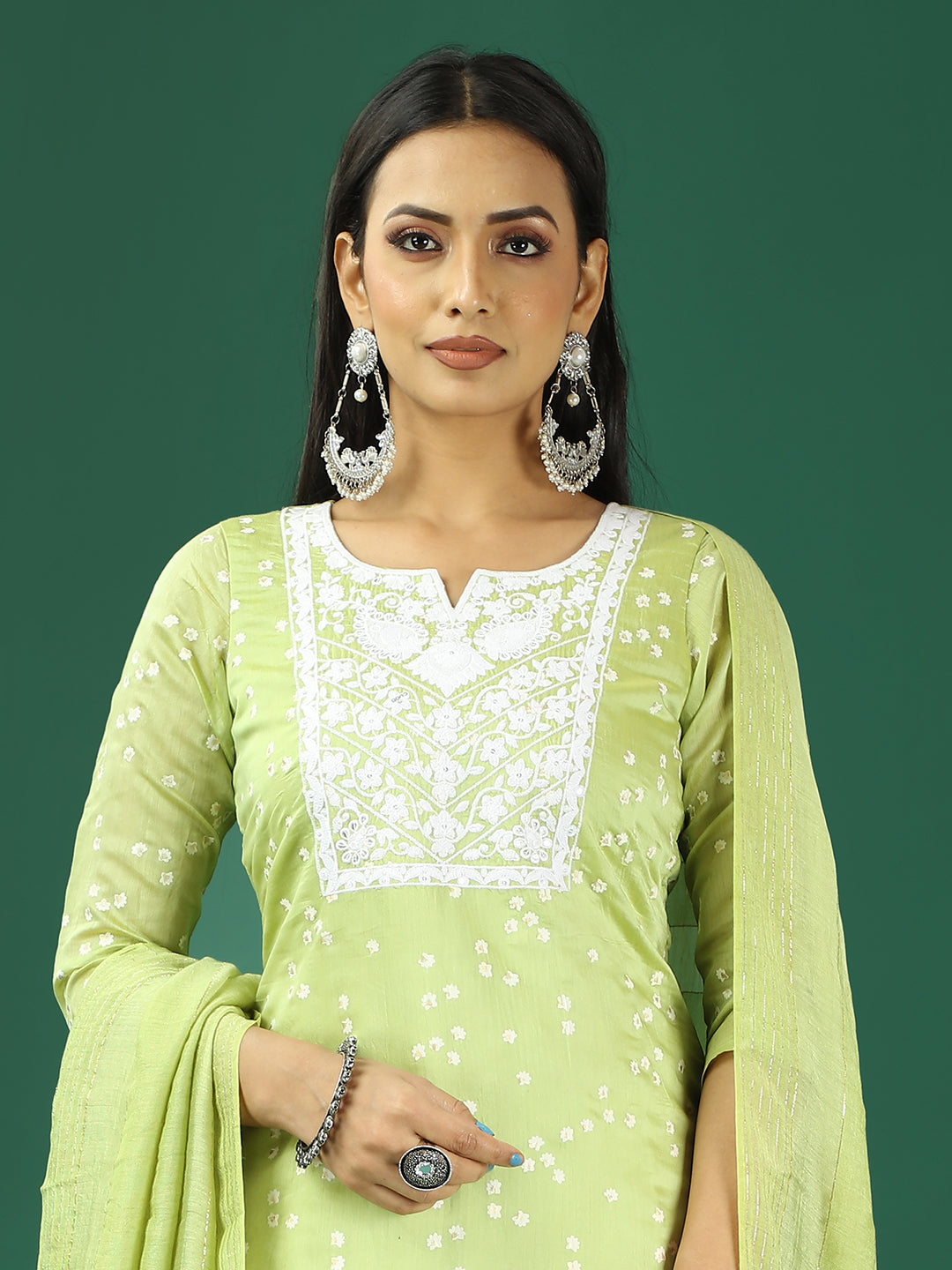 Bollywood Vogue Ready To Wear Light Green Cotton Foil Printed Straight Pant Suit - Detail View