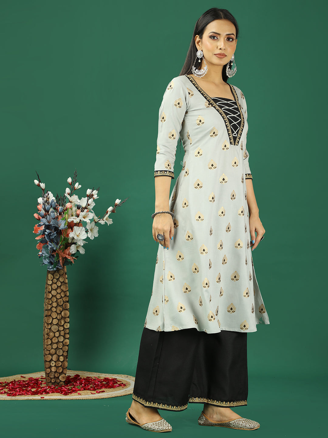 Bollywood Vogue Ready To Wear Grey Rayon Foil Printed N Black Kurta Set - Side View