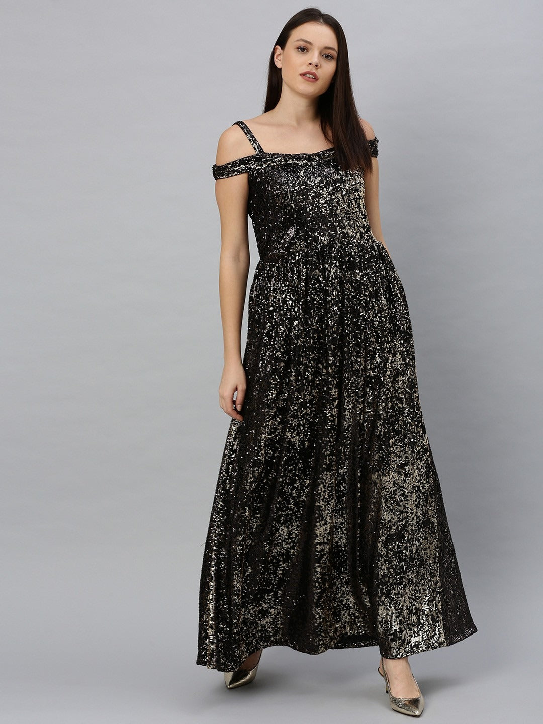 Bollywood Vogue Ready To Wear Black Sequins Strap Neck Gown - Front View