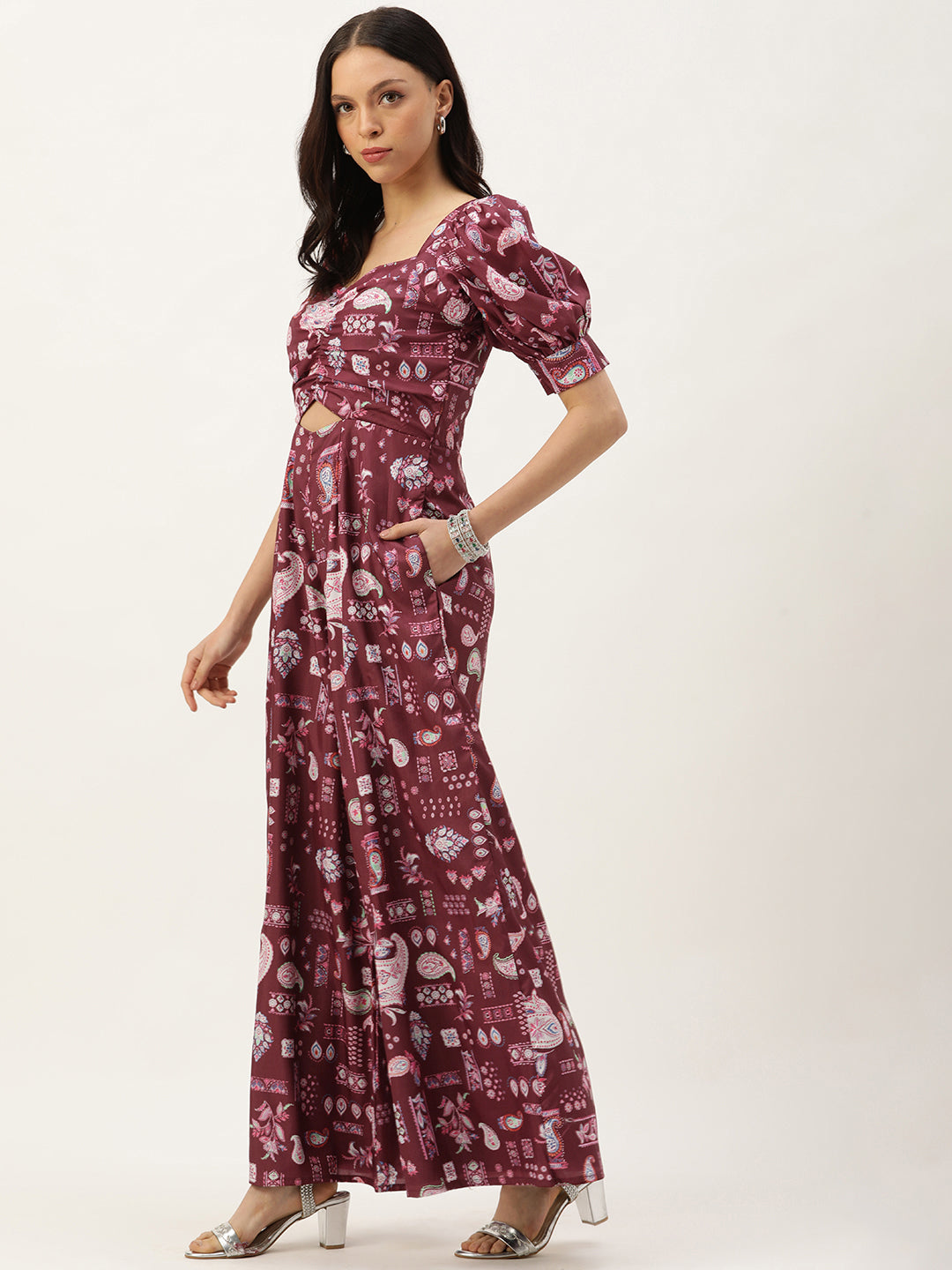 Bollywood Vogue Ready To Wear Maroon Digital Printed Kota Silk Jumpsuits - Side View