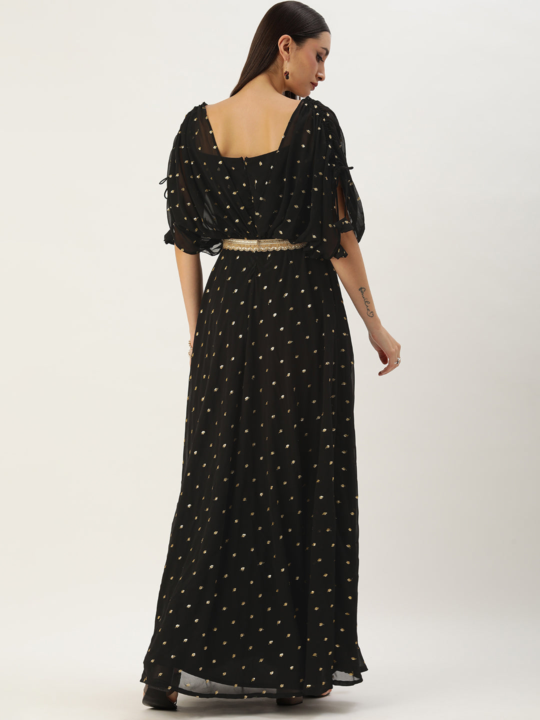 Bollywood Vogue Ready To Wear Black Georgette Embroidered Overlap Draped Gown - Back View