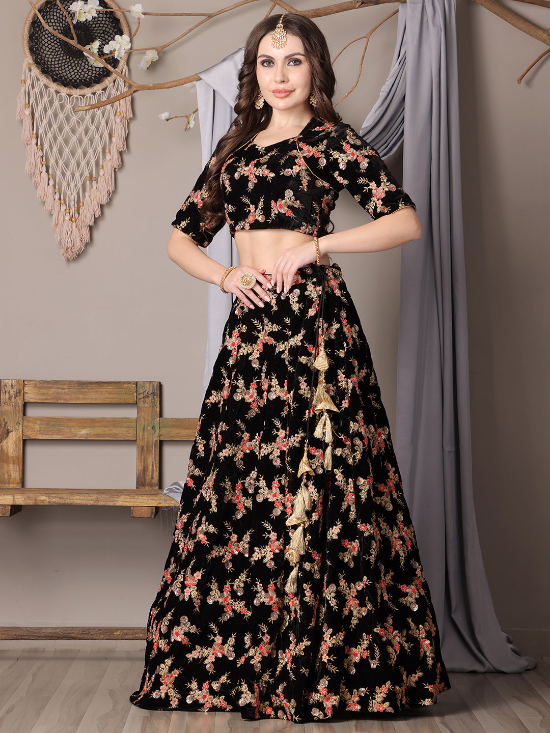 Bollywood Vogue Ready To Wear Black Embroidered Velvet Lehenga - Side View