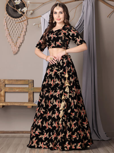 Bollywood Vogue Ready To Wear Black Embroidered Velvet Lehenga - Side View