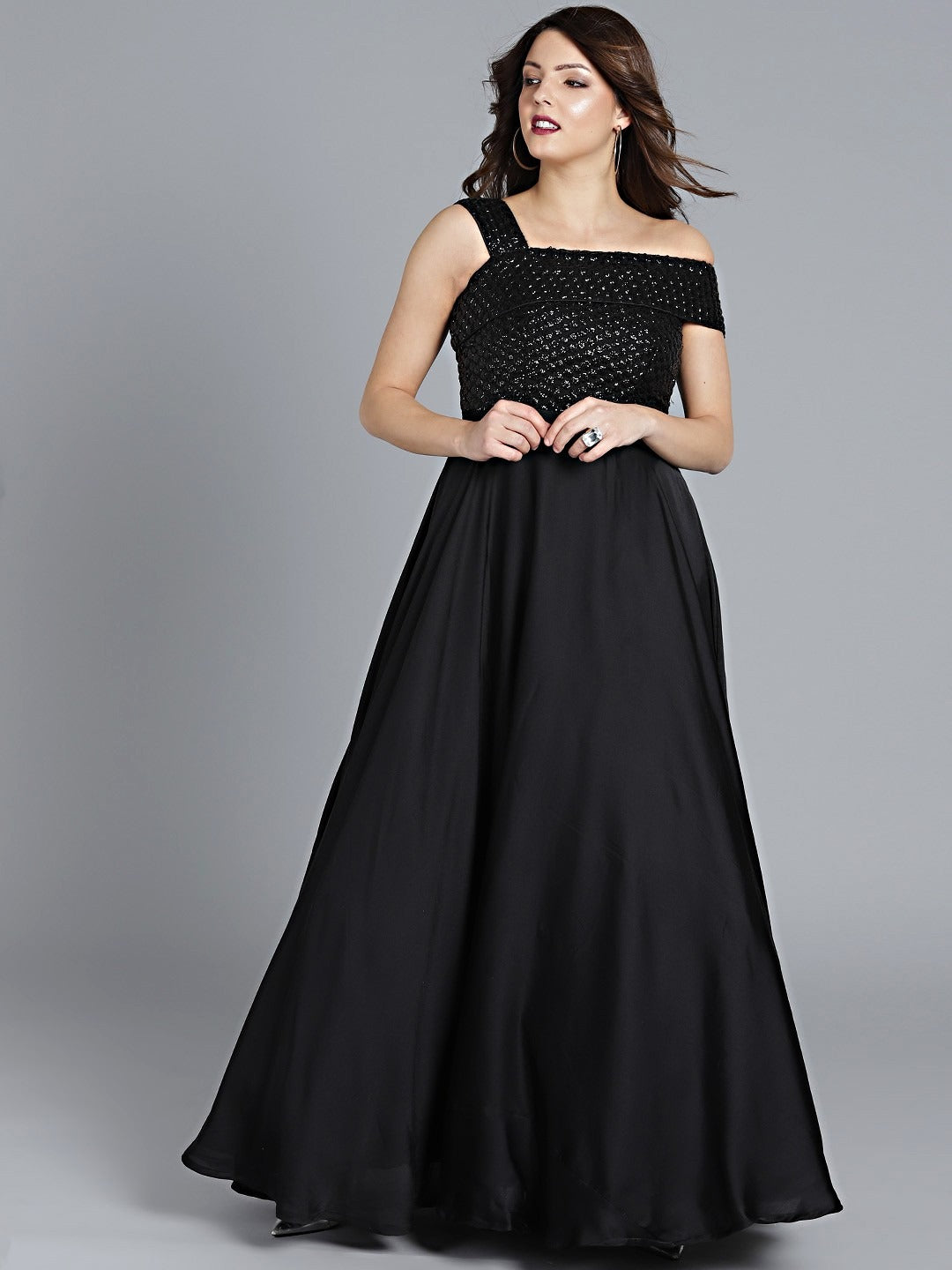 Bollywood Vogue Ready To Wear Ethnovog Black Sequins Gown - Front View