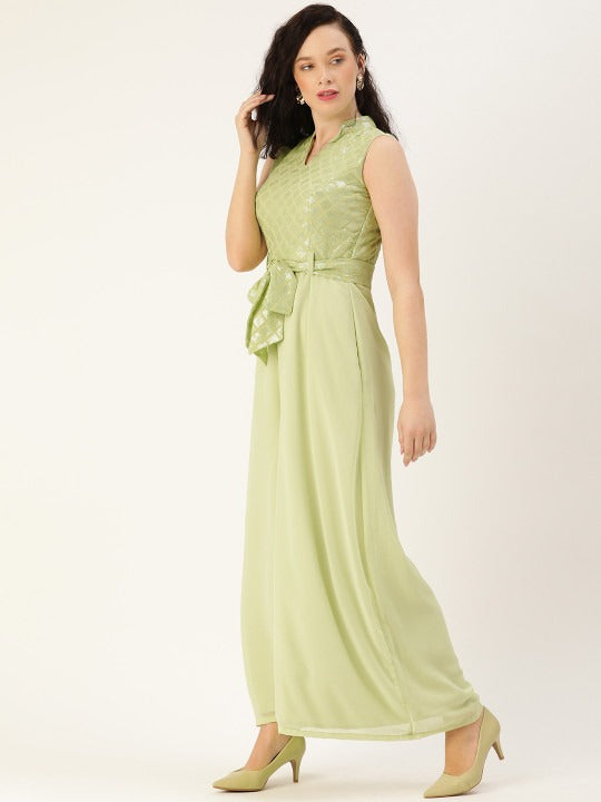 Bollywood Vogue Ready To Wear Green Embroidered Collar Neck Jumpsuit - Side View