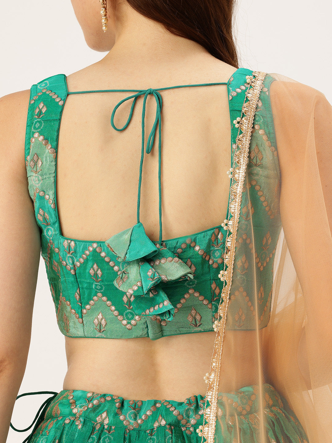 Bollywood Vogue Ready To Wear Green Art Silk Print Zari Pleated Lehenga Set - Detail View