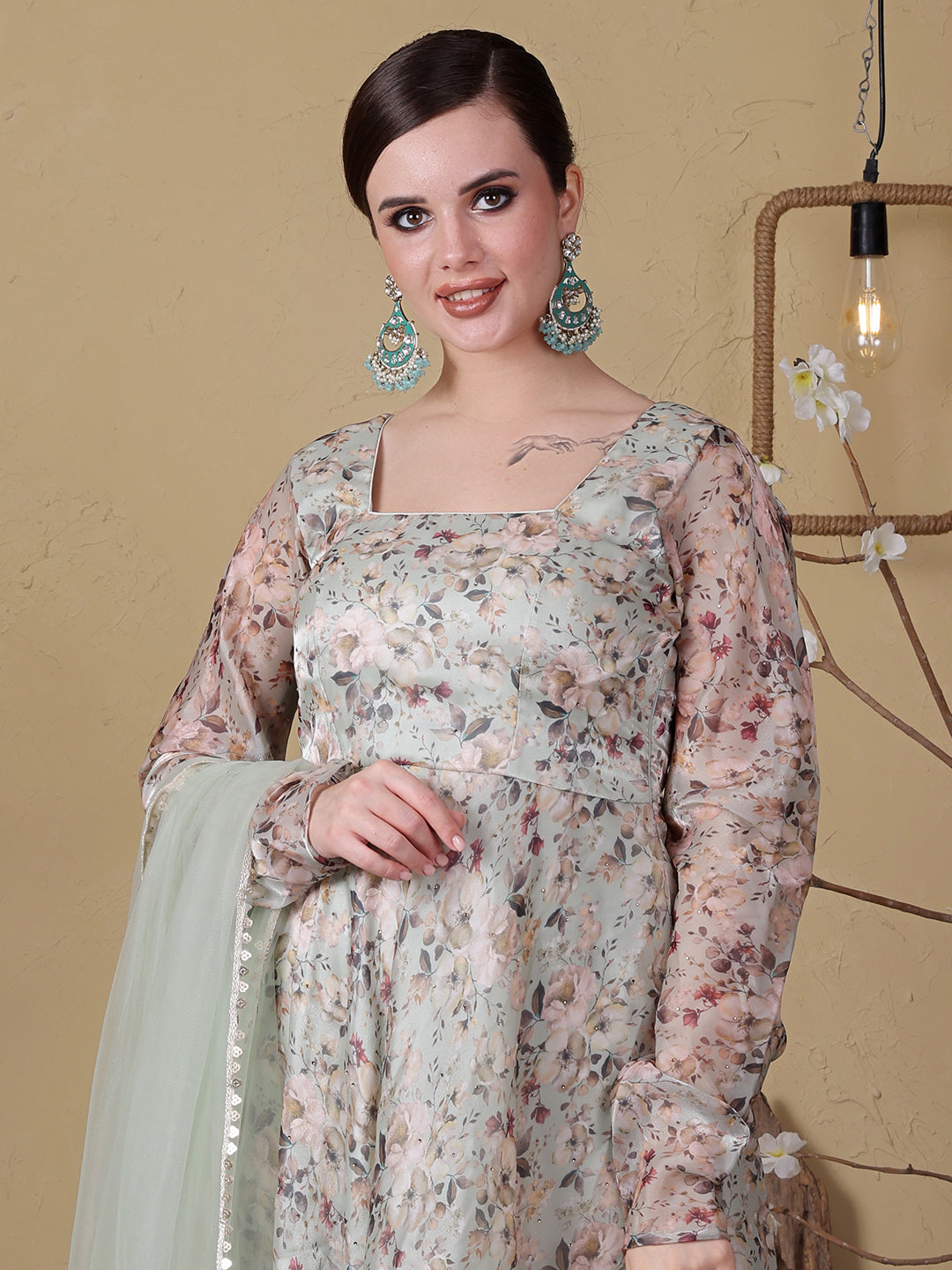 Bollywood Vogue Ready To Wear Sea Green Organza Satin Printed Anarkali Suit - Look Shot