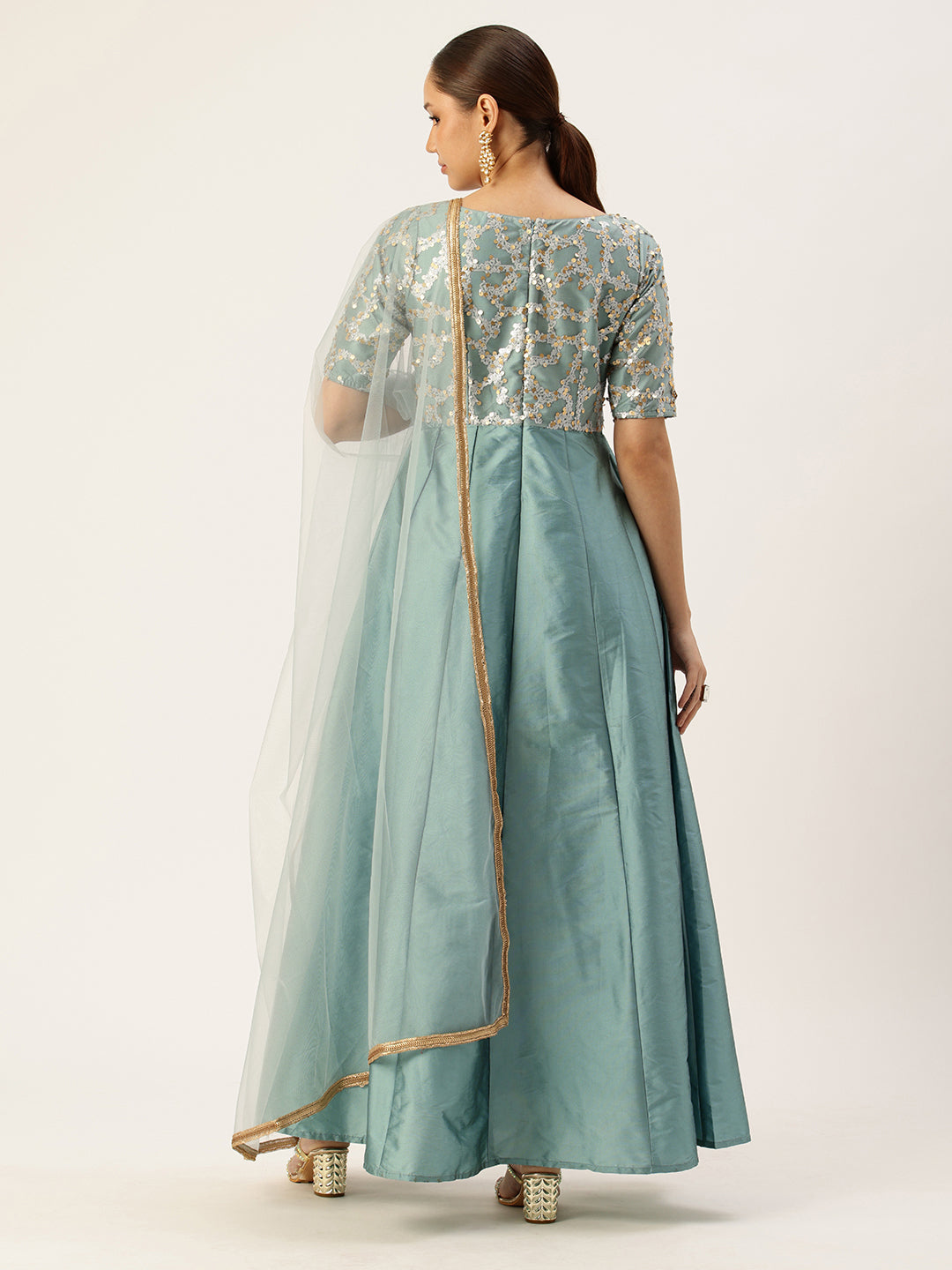 Bollywood Vogue Ready To Wear Blue Embroidered Net Anarkali Suit - Back View
