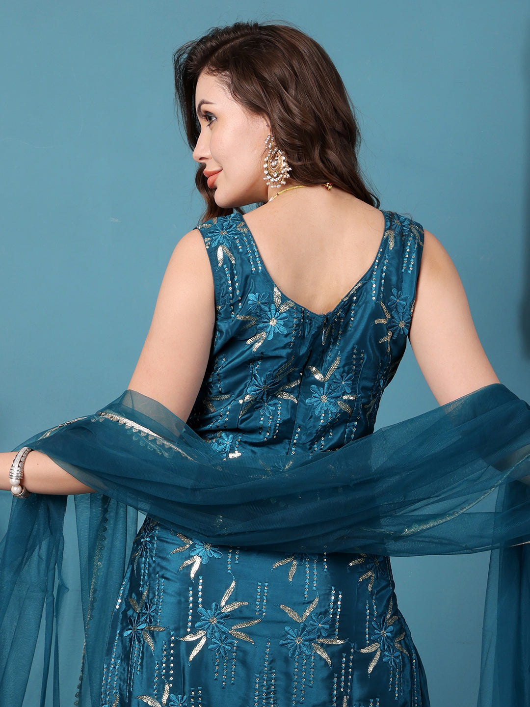 Bollywood Vogue Ready To Wear Teal Green Crepe Embroidered Salwar Kameez - Additional View 1
