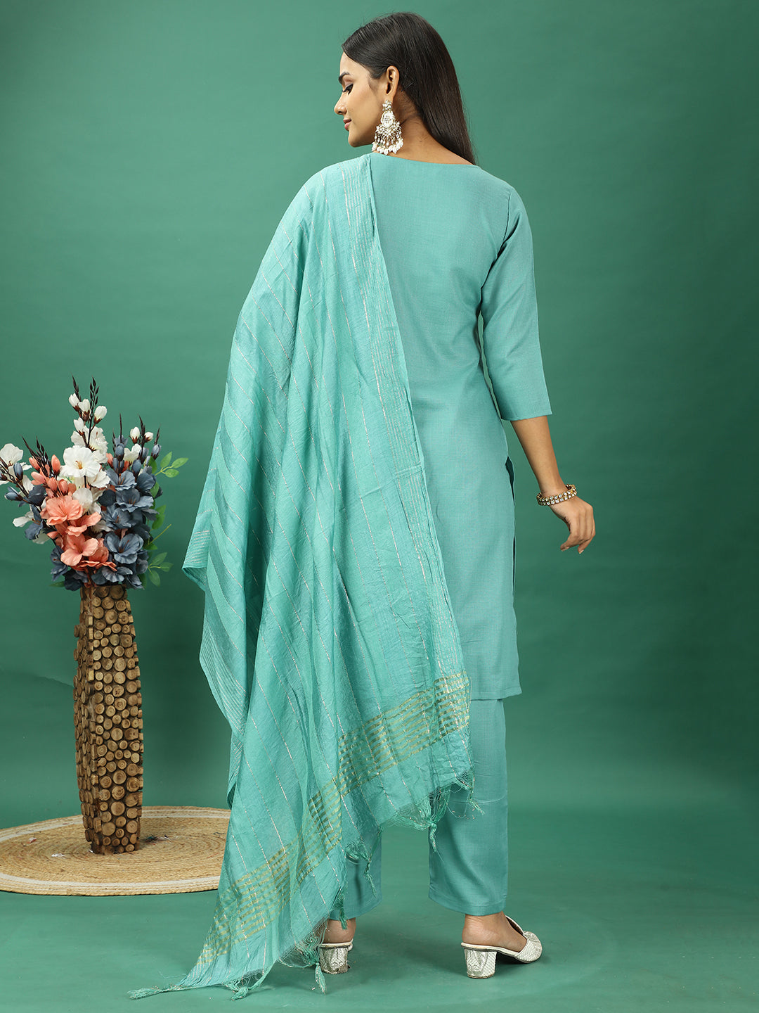 Bollywood Vogue Ready To Wear Green Rayon Embroidered Straight Pant Suit - Back View
