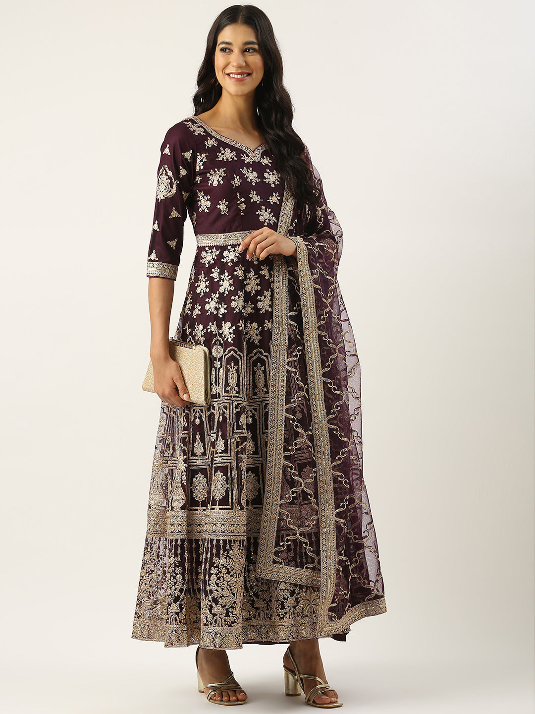 Bollywood Vogue Ready To Wear Classic Purple Net Embroidered Anarkali Suit - Detail View