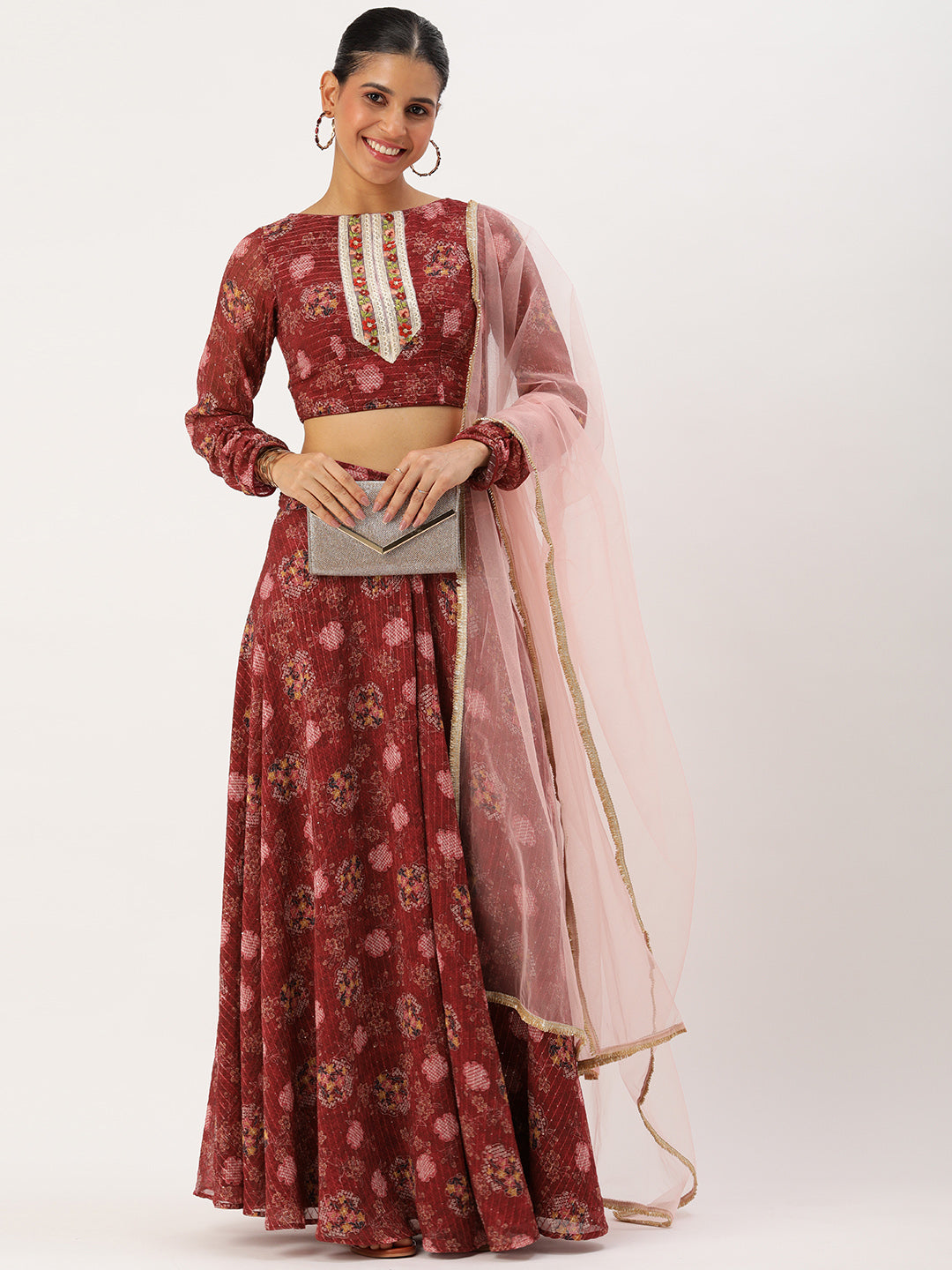 Bollywood Vogue Ready To Wear Wine Georgette Digital Printed Lehenga Set - Front View