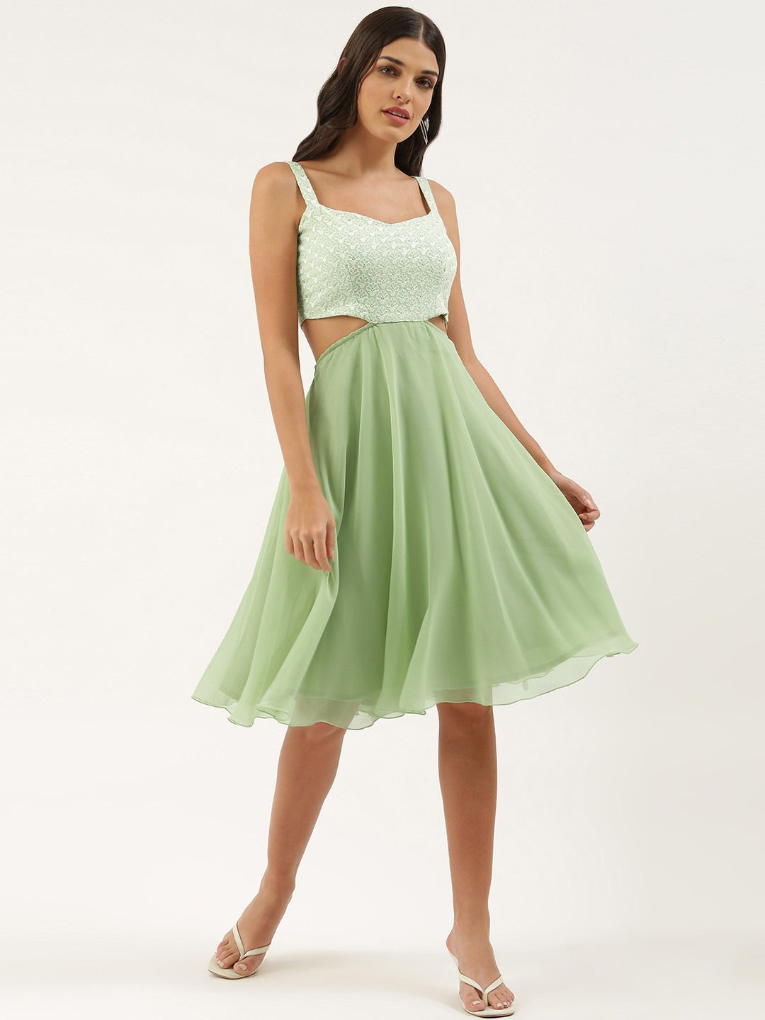Bollywood Vogue Ready To Wear Green Embroidered Mini Dress - Front View