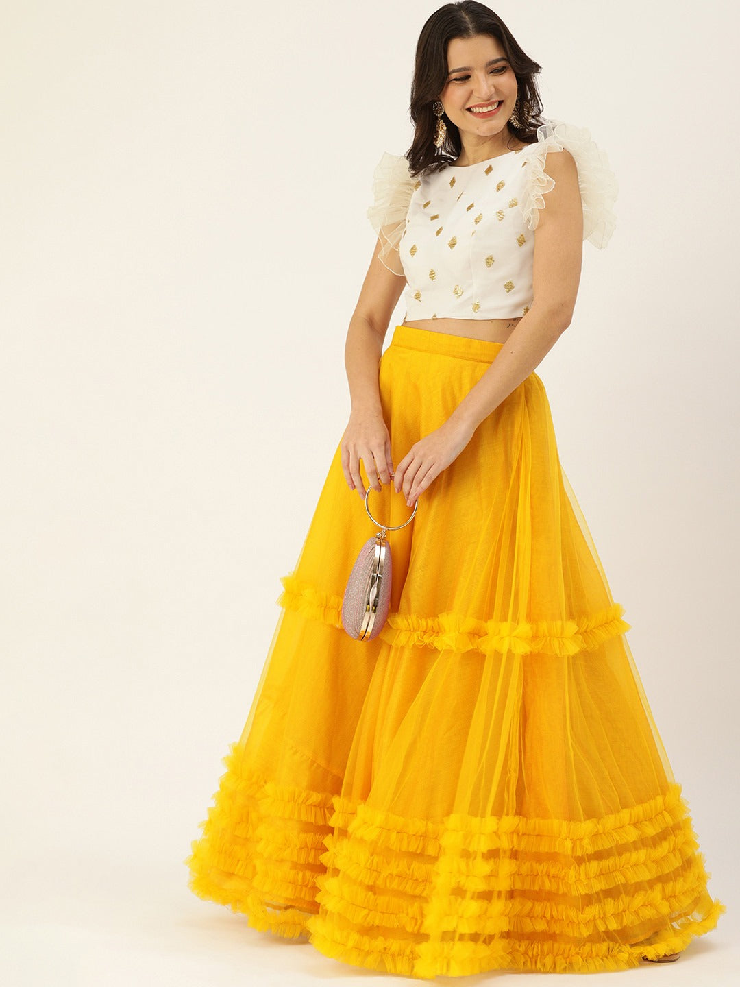 Bollywood Vogue Ready To Wear Yellow N White Embroidered Skirt Set - Front View