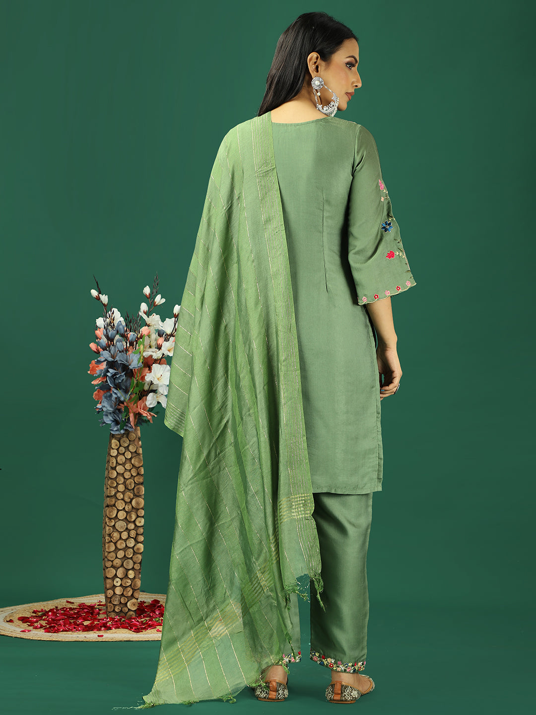 Bollywood Vogue Ready To Wear Green Art Silk Embroidered Straight Pant Suit - Back View
