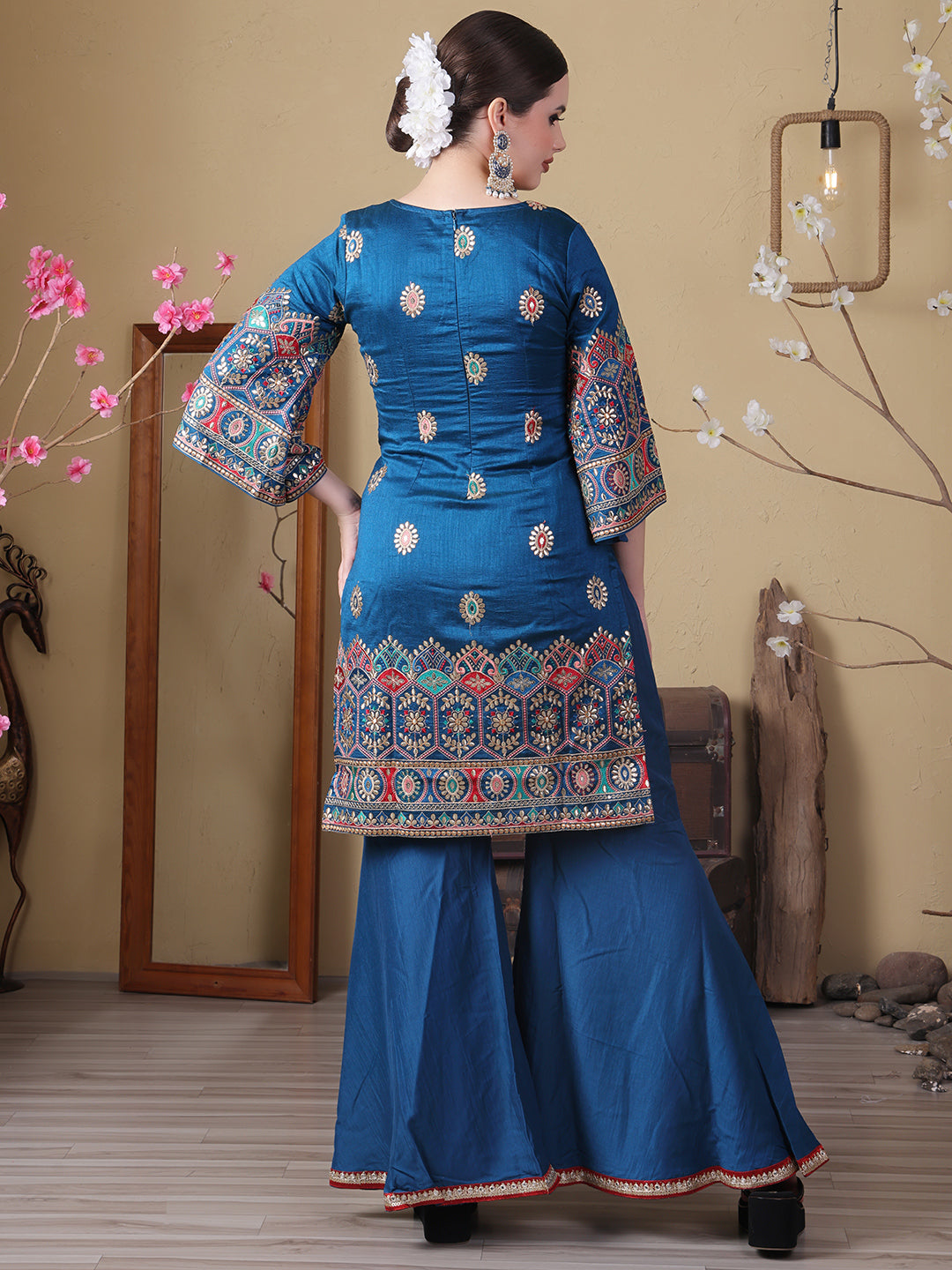 Bollywood Vogue Ready To Wear Blue Art Silk Embroidered Gharara Set - Detail View