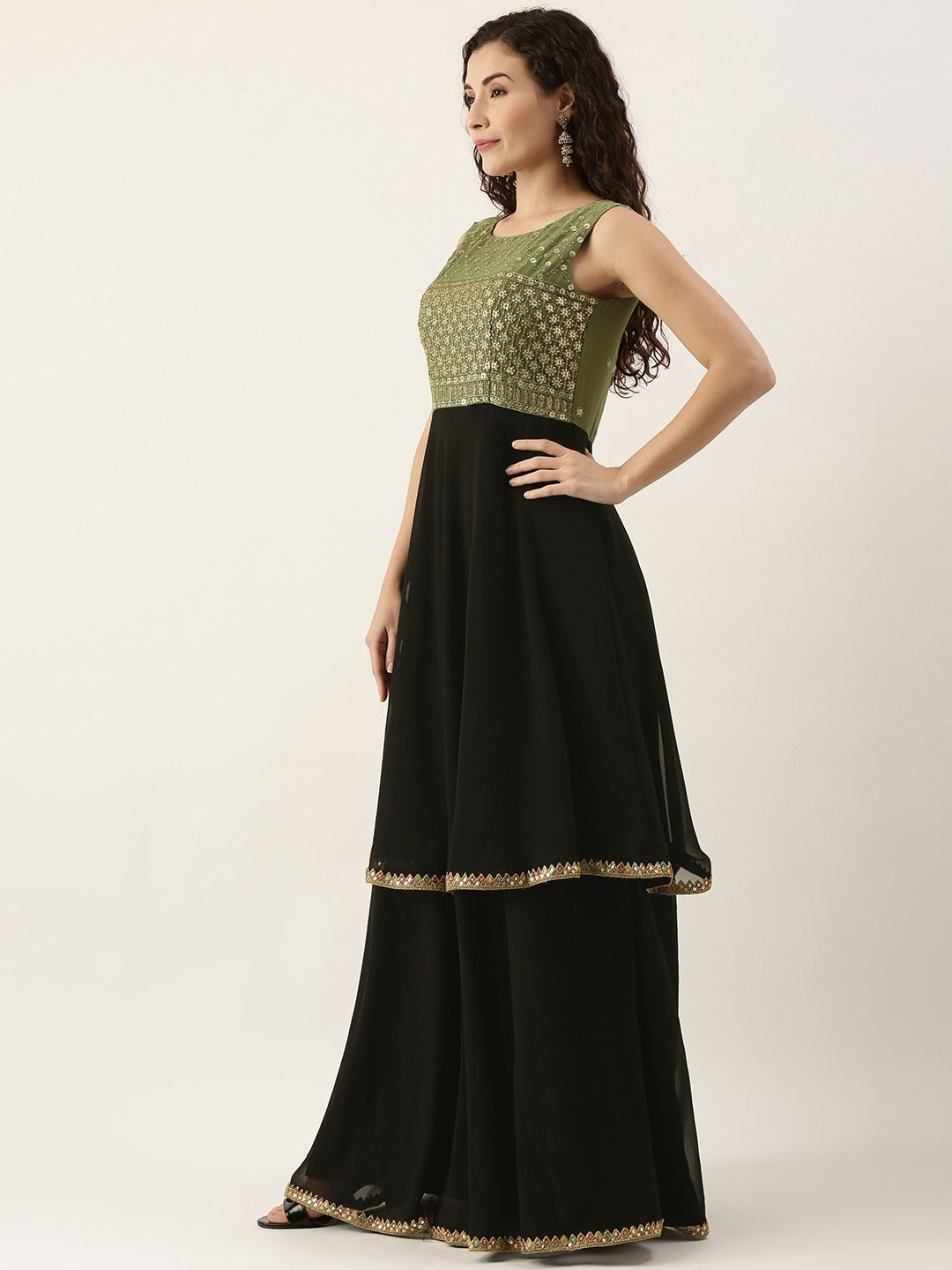 Bollywood Vogue Ready To Wear Black N Green Embroidered Layered Gown - Look Shot