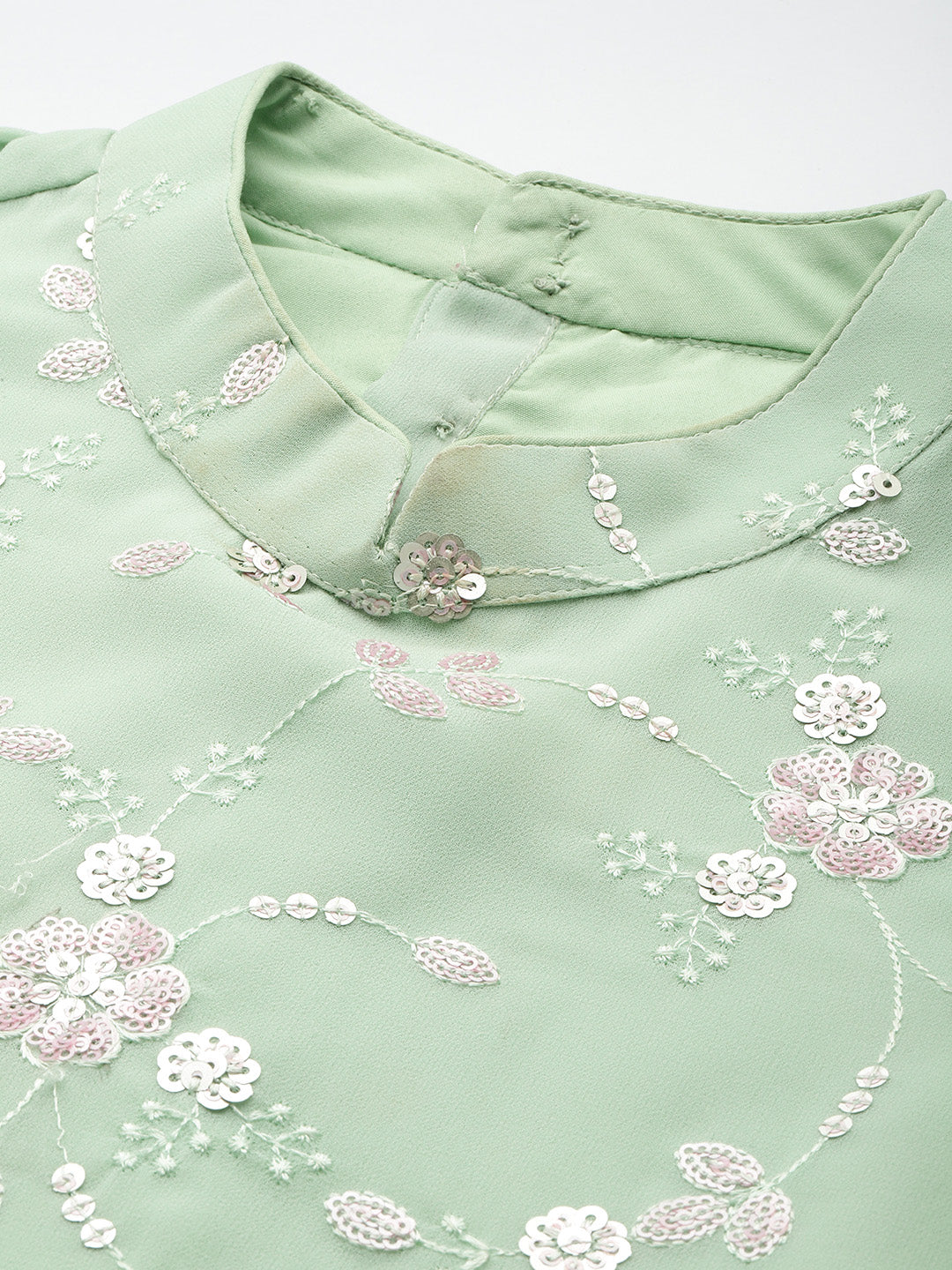 Bollywood Vogue Ready To Wear Green Embroidered Georgette N Pink Palazzo Suit - Additional View 1