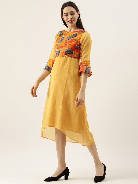 Bollywood Vogue Ready To Wear Multicolored N Mustard Digital Printed A line Dress - Side View