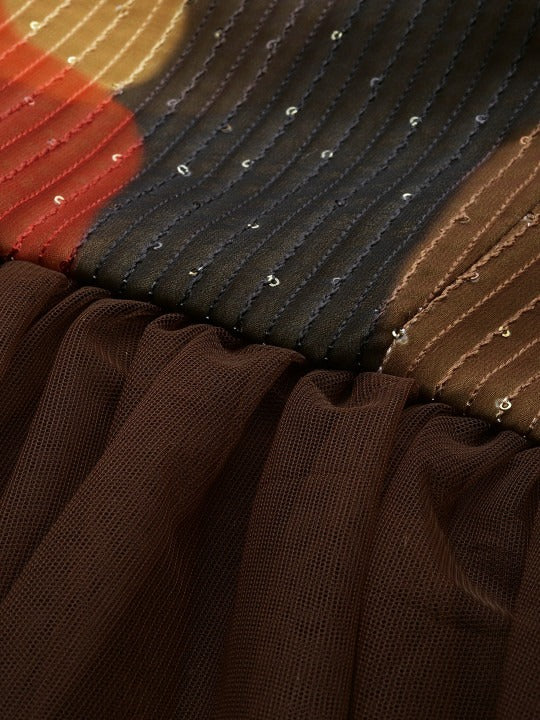 Bollywood Vogue Ready To Wear Multicolored Embroidered N Brown Net Gown - Detail View