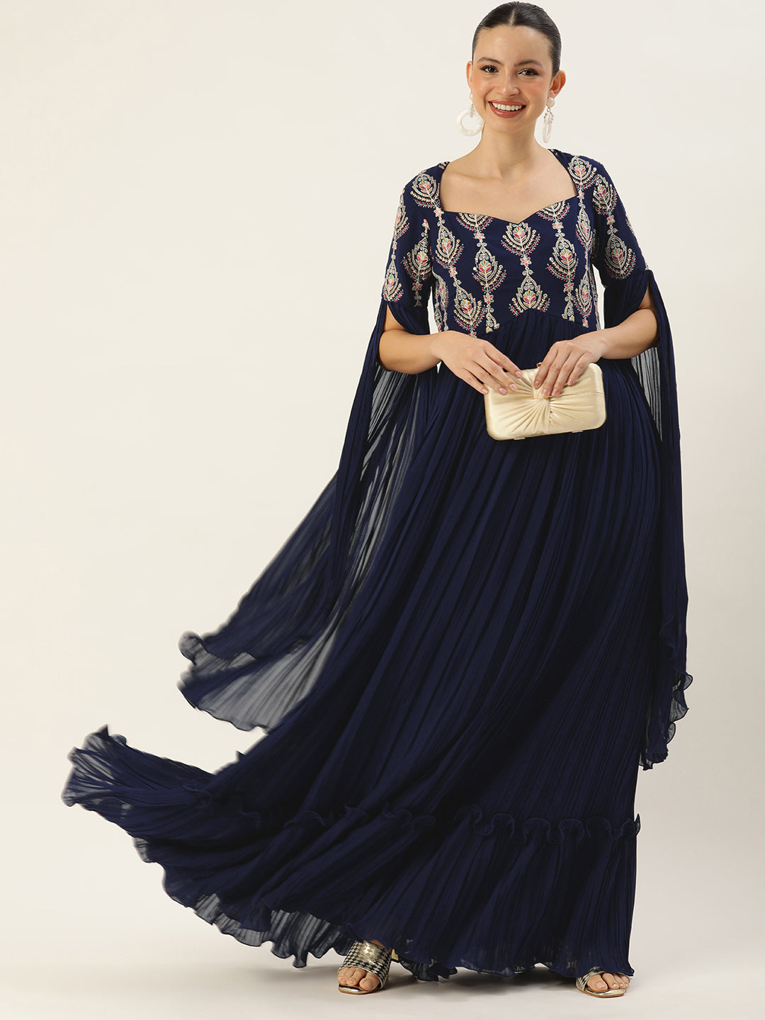 Bollywood Vogue Ready To Wear Navy Blue Embroidered Pleated Georgette Gown - Front View