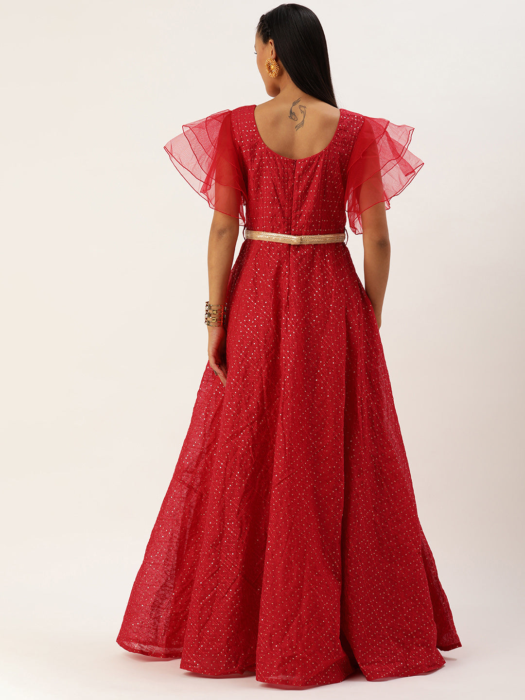 Bollywood Vogue Ready To Wear Dark Red Sequins Embroidered Gown - Side View