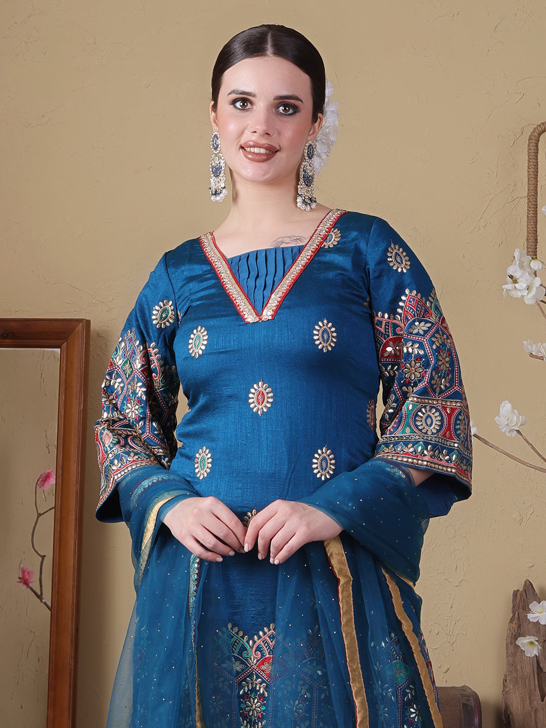 Bollywood Vogue Ready To Wear Blue Art Silk Embroidered Gharara Set - Look Shot