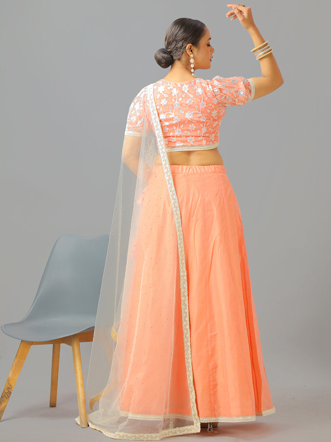 Bollywood Vogue Ready To Wear Peach Embroidered Georgette N Art Silk Lehenga Set - Back View