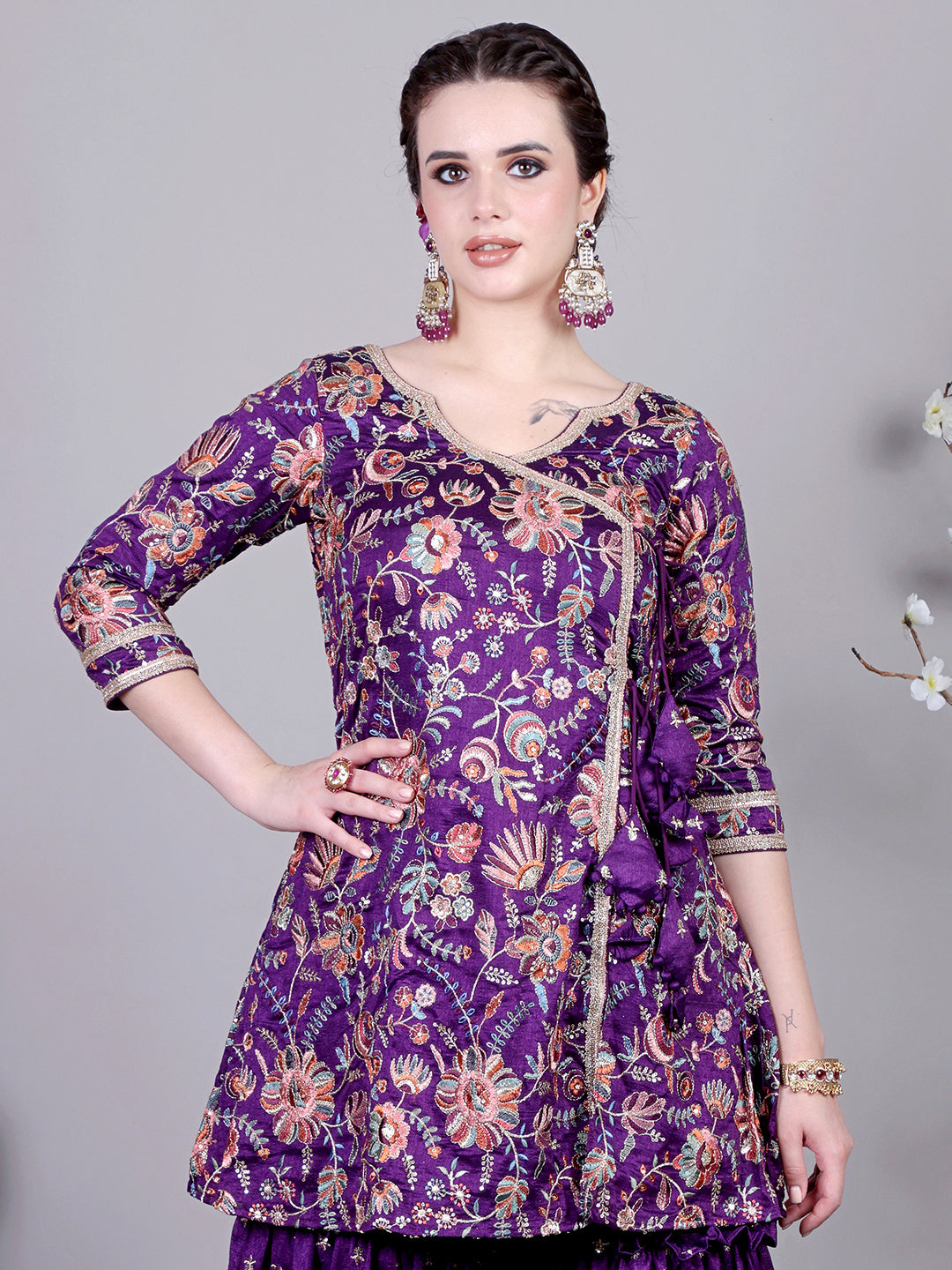 Bollywood Vogue Ready To Wear Classic Top With Purple Art Silk Sharara Suit - Detail View