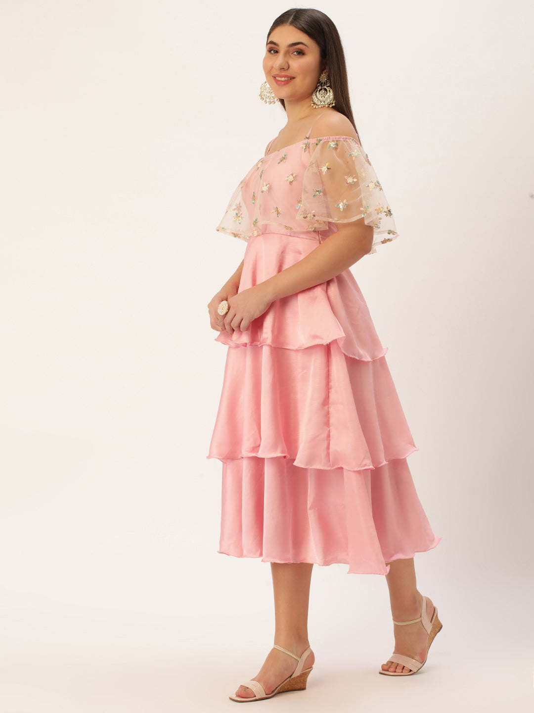 Bollywood Vogue Ready To Wear White Embroidered Net N Pink Satin Dress - Side View