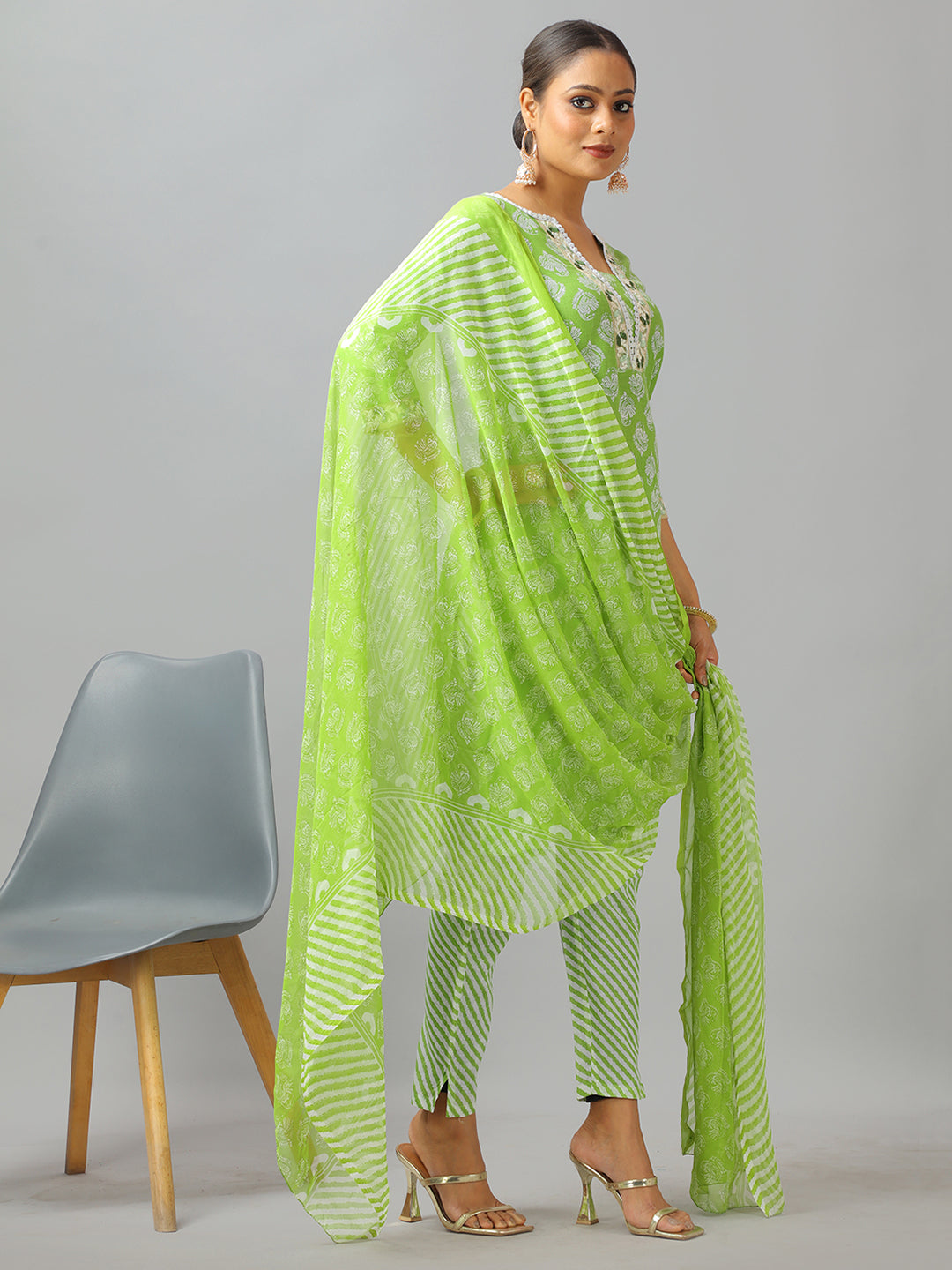 Bollywood Vogue Ready To Wear Green Cotton Printed Narrow Straight Pant Suit - Side View