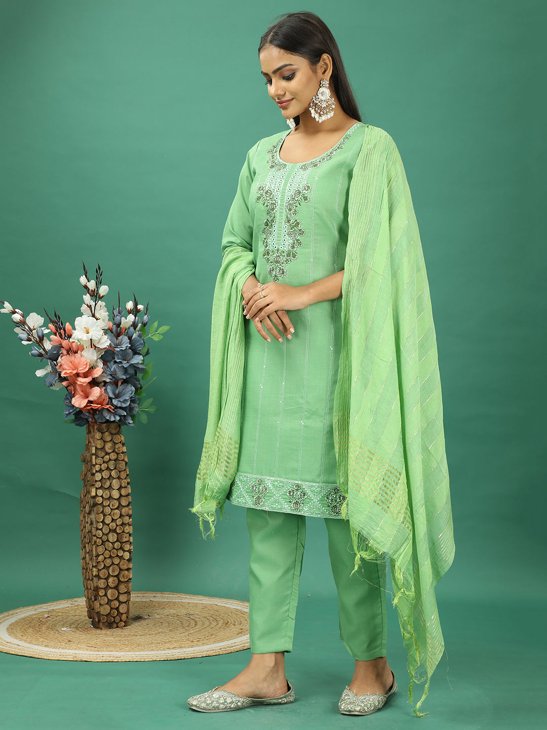 Bollywood Vogue Ready To Wear Green Rayon Embroidered Straight Pant Suit - Side View