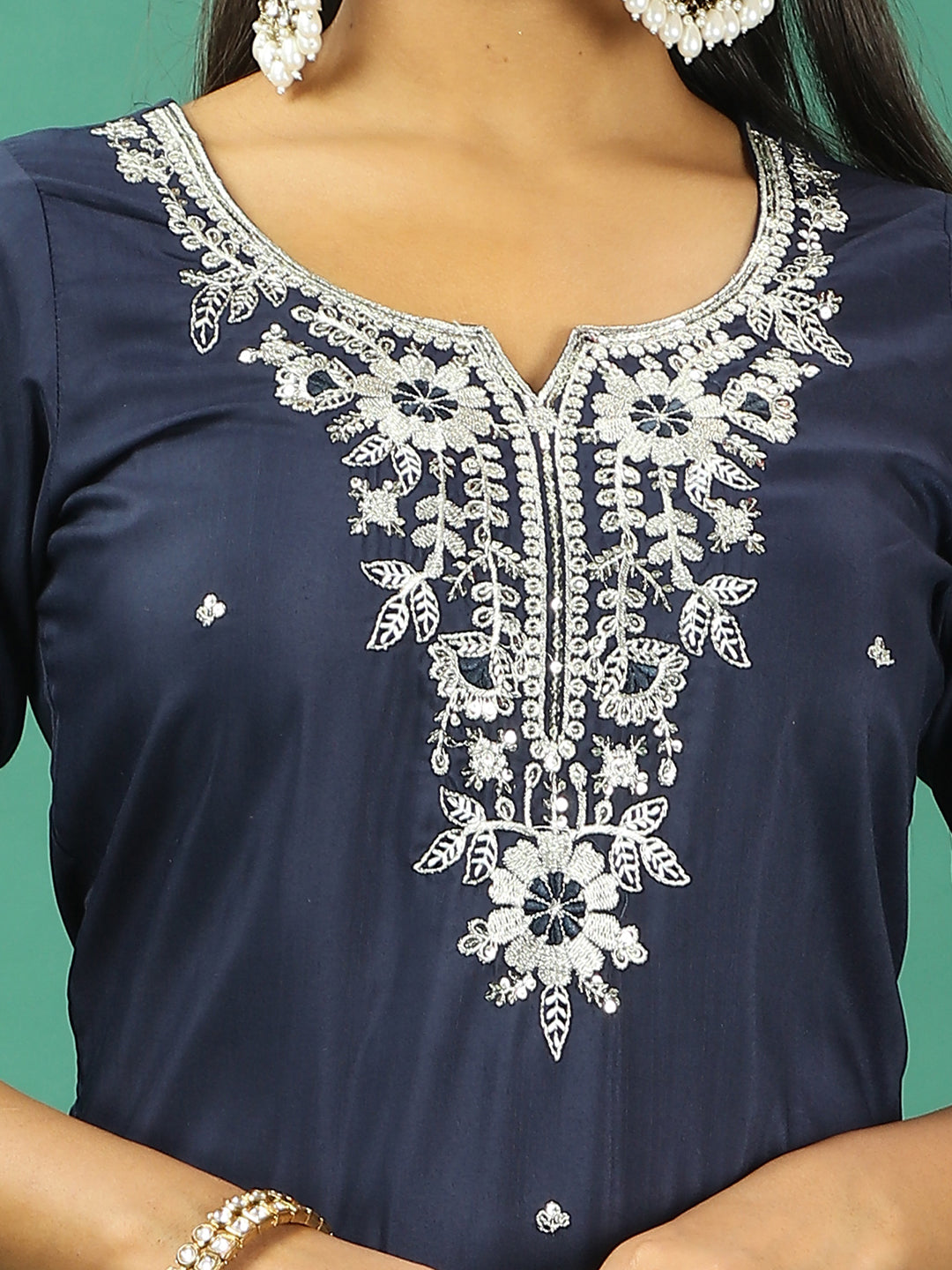 Bollywood Vogue Ready To Wear Blue Silk Embroidered Narrow Straight Pant Suit - Additional View 1