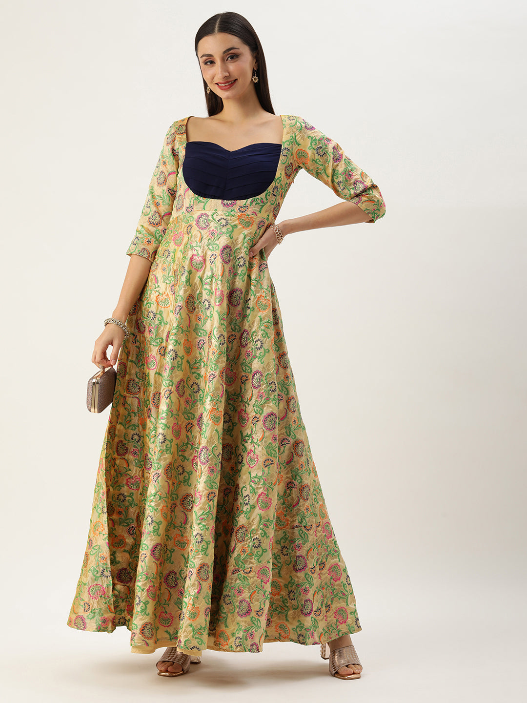 Bollywood Vogue Ready To Wear Beige Art Silk Jacquard Pleated Yoke Gown - Detail View