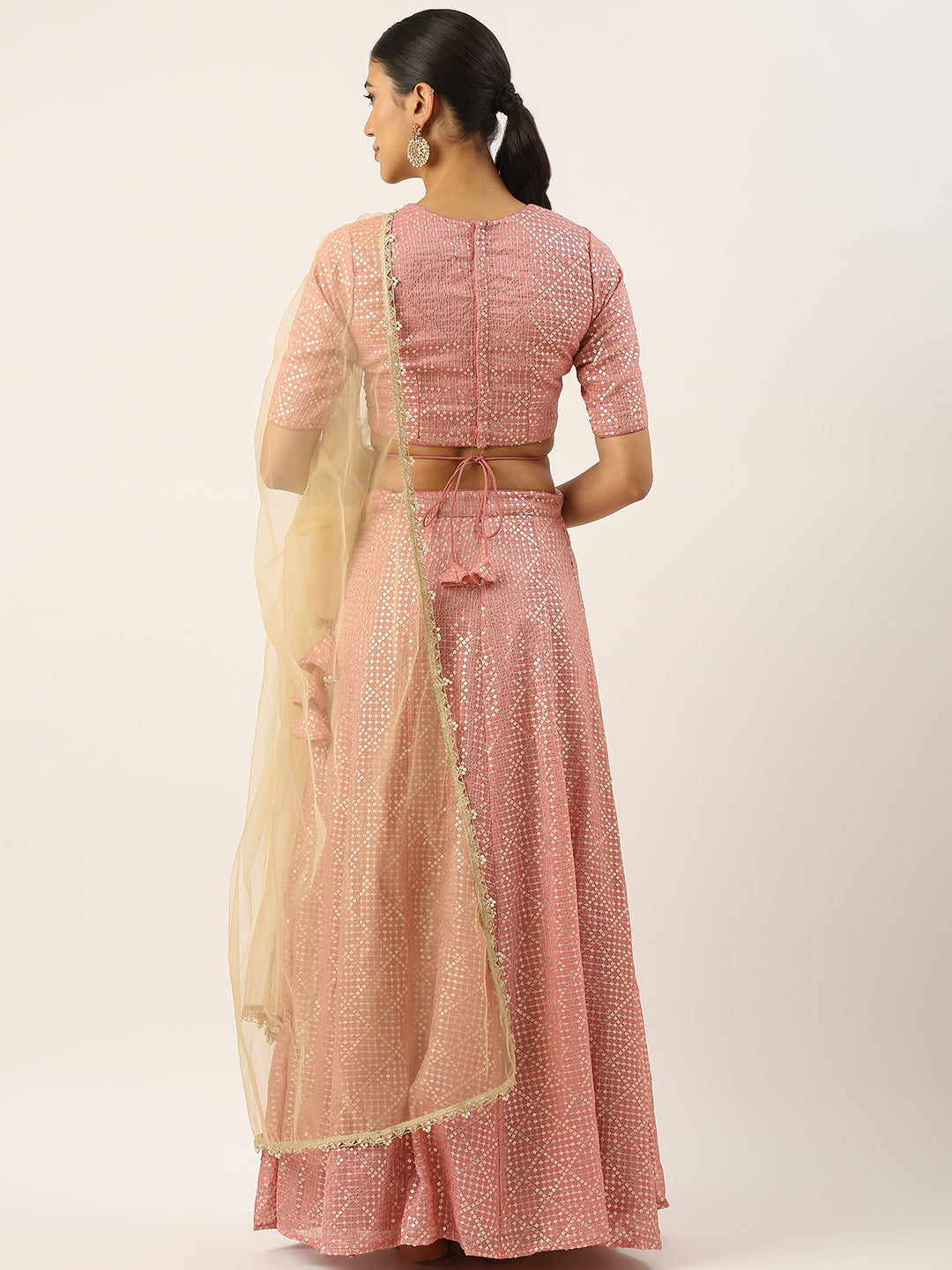 Bollywood Vogue Ready To Wear Pink Organza Embroidered Kali Lehenga - Additional View 2