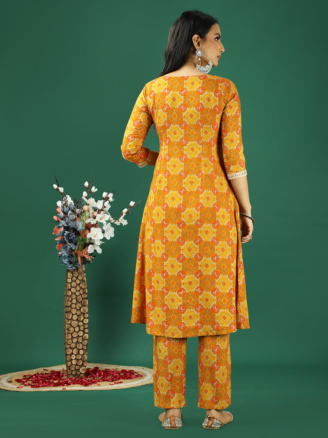Bollywood Vogue Ready To Wear Yellow Printed Viscose Kurta Straight Pant Set - Back View