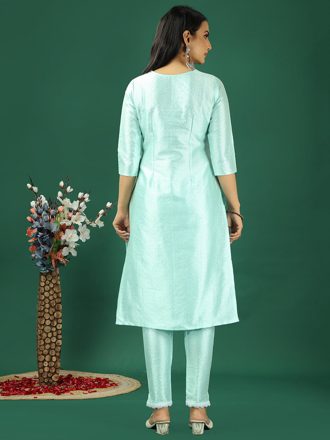 Bollywood Vogue Ready To Wear Sea Green Art Silk Straight Pant Kurta Sets - Back View