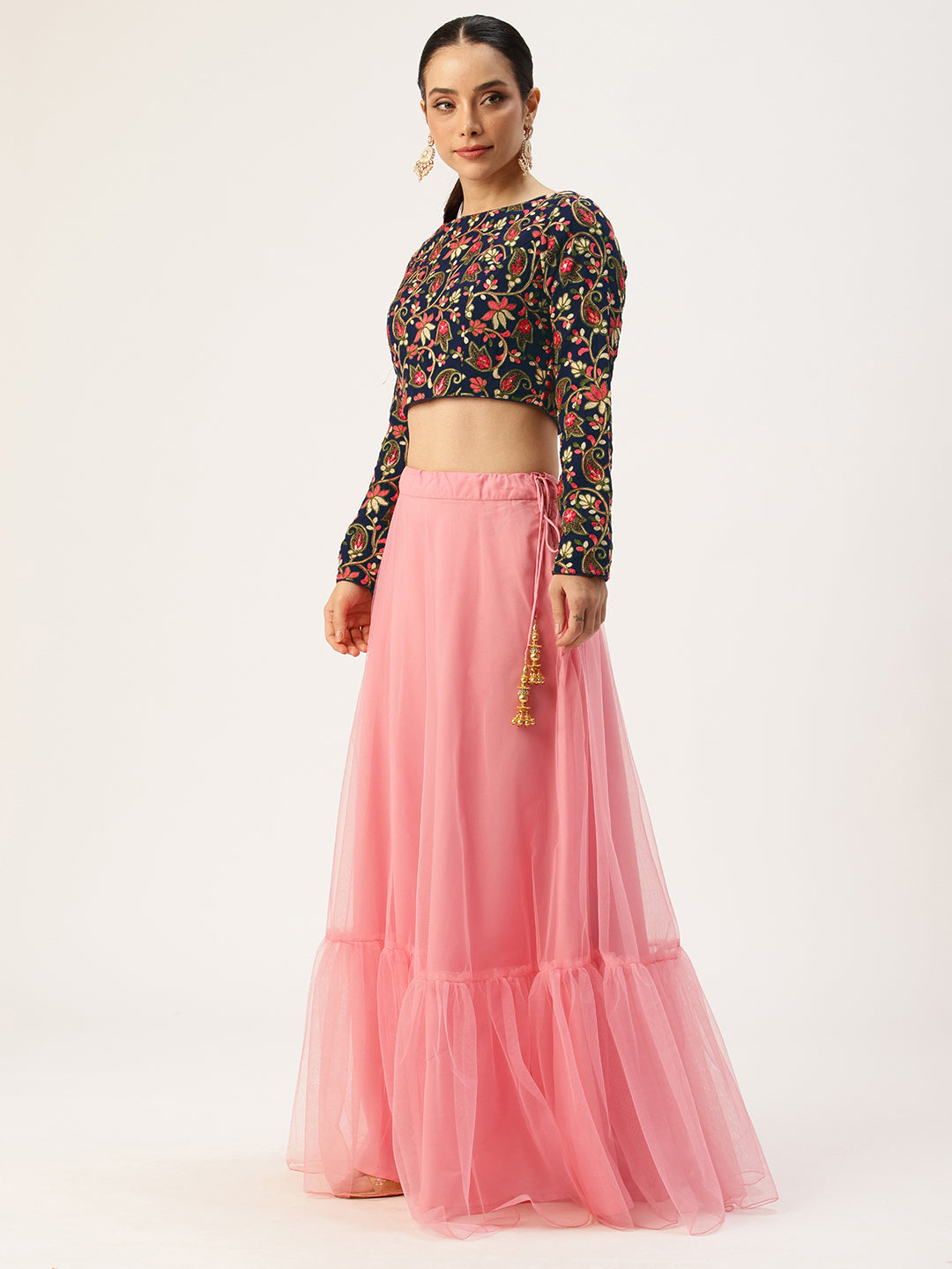 Bollywood Vogue Ready To Wear Blue Embroidered Georgette N Pink Net Lehenga - Side View