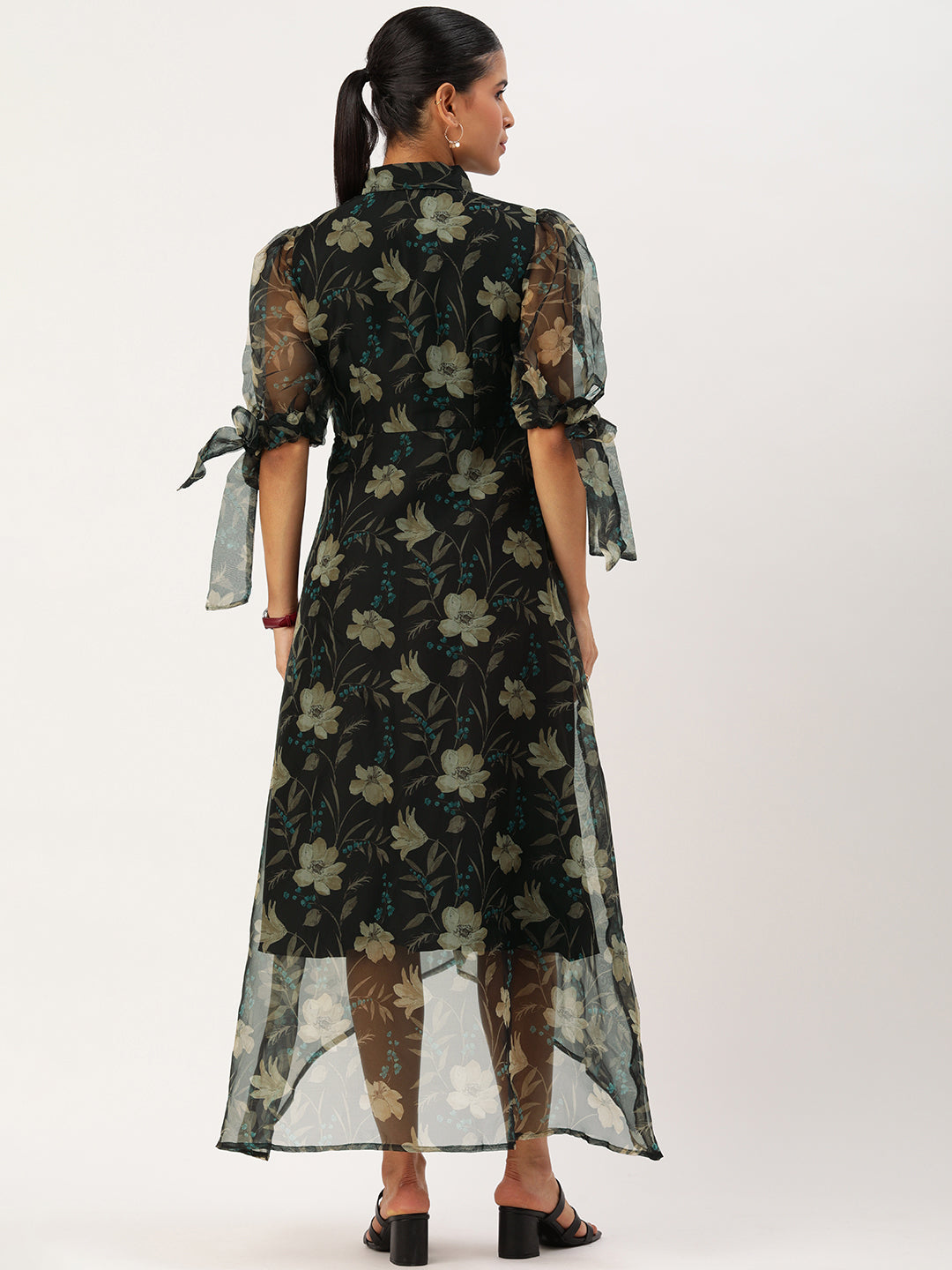 Bollywood Vogue Ready To Wear Black Organza Digital Printed Dress - Back View