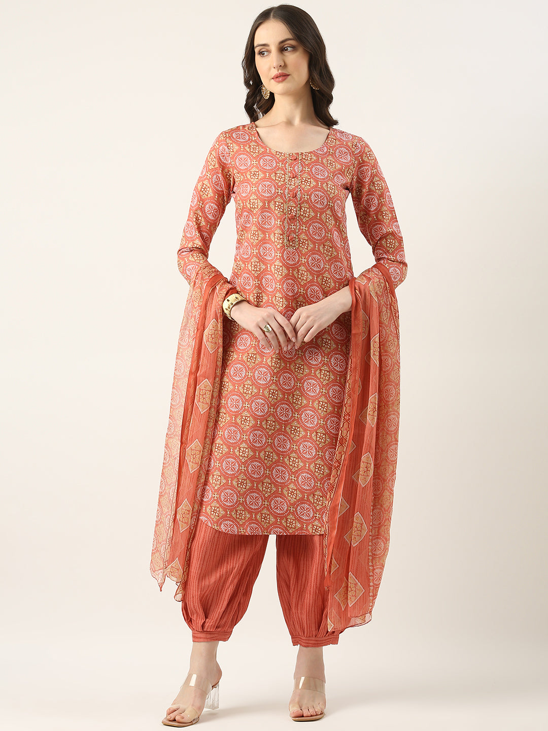 Bollywood Vogue Ready To Wear Pink Semi Cotton Printed Salwar Suit - Front View