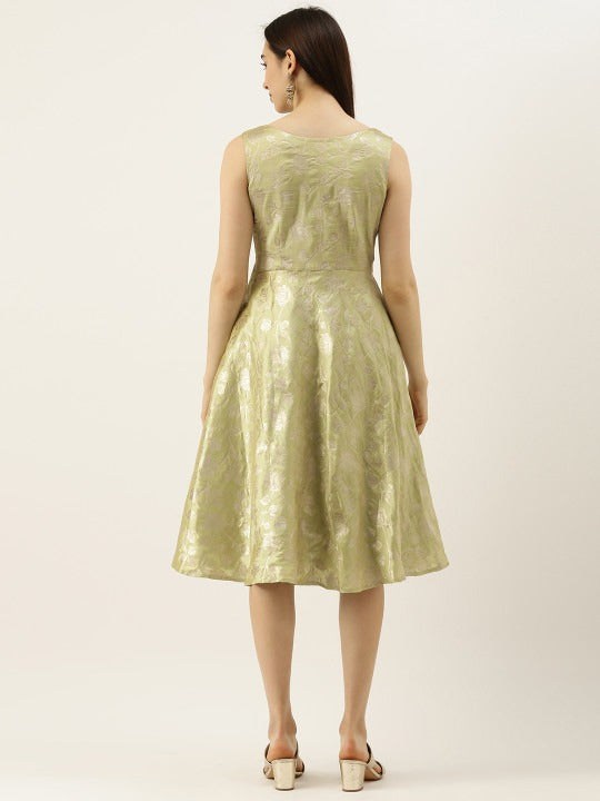 Bollywood Vogue Ready To Wear Green Brocade Boat Neck Flared Dress - Back View